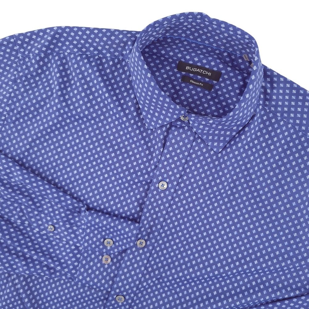 Bugatchi Shirt Mens L Blue Geometric Long Sleeve Button Up Nylon Stretch Classic